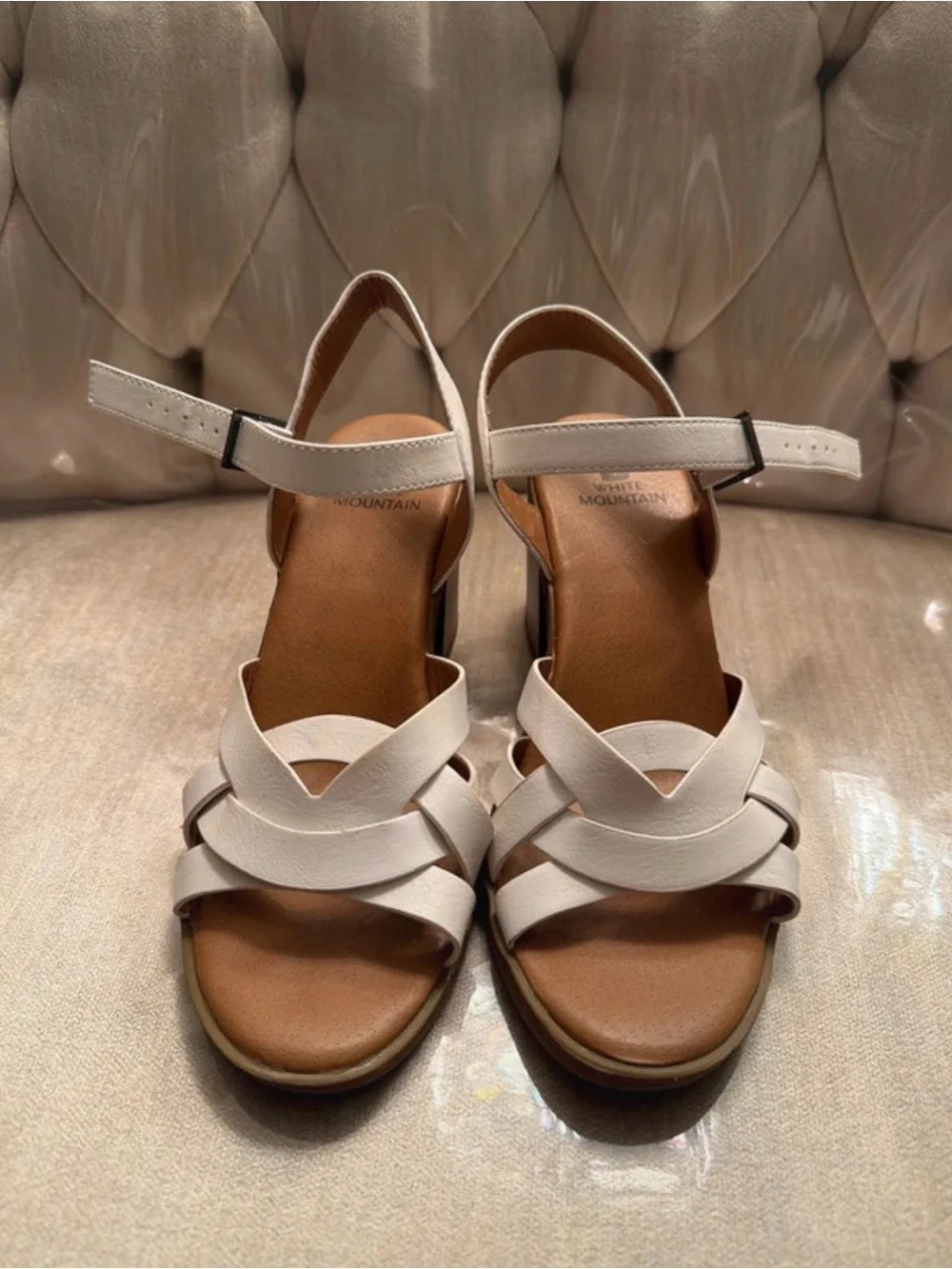 White Mountain Cream Cross-Strap Wedge Sandals